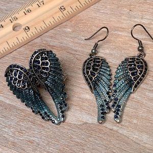 Blue angel wings earrings and ring rhinestone studded gorgeous!